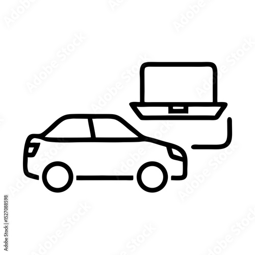 Car connected to laptop for diagnostic testing, icon, vector 