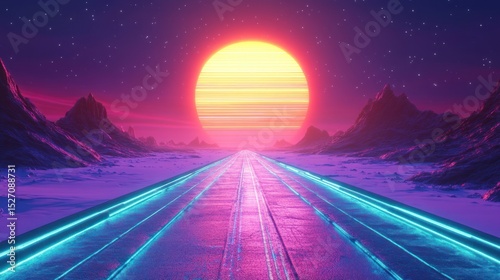Vaporwave horizon, synthwave highway to the sunset in retro futuristic landscape