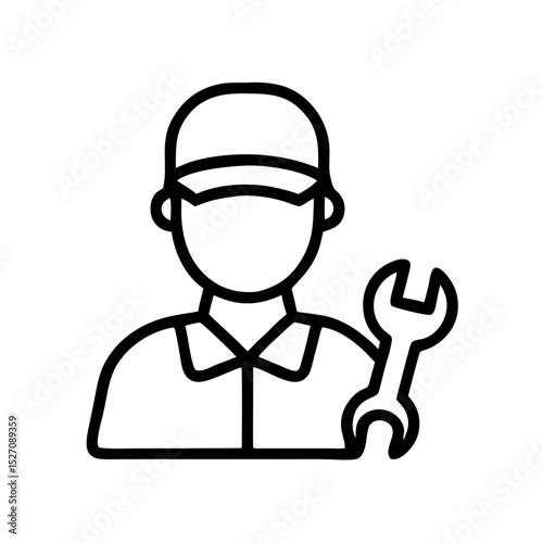 Mechanic holding wrench while wearing cap and uniform, icon, vector