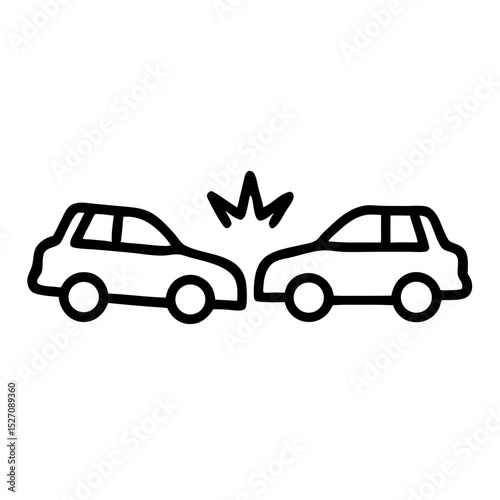 Two cars colliding in an outline design representing an accident, icon, vector  