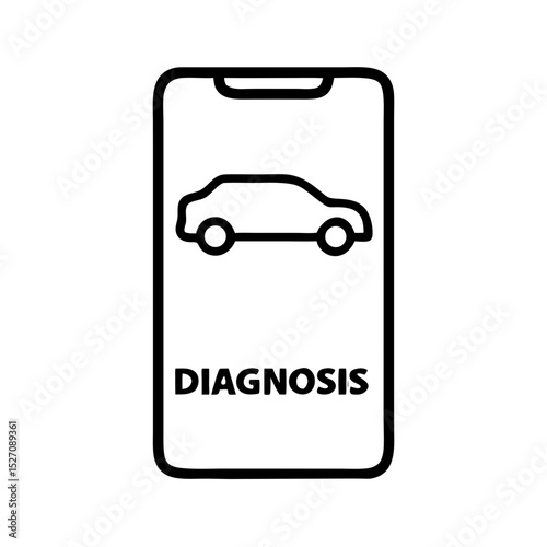 Smartphone displaying car icon and diagnosis text on screen, icon, vector 