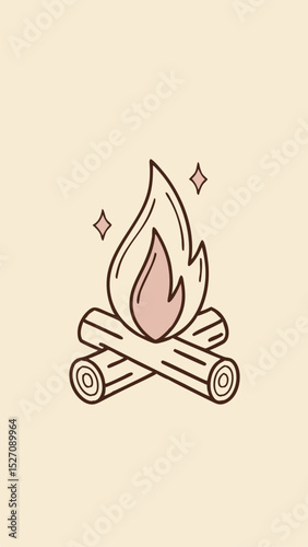 Hand drawn campfire illustration with flames and crossed logs suitable for any project.