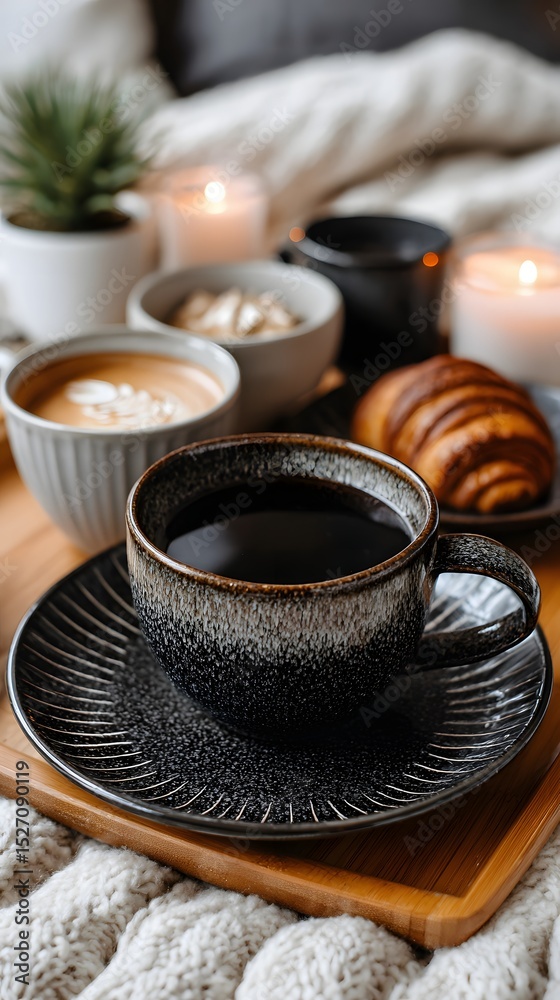 Fototapeta premium Cozy morning scene featuring coffee and pastry on a wooden tray, creating a sense of comfort and warmth