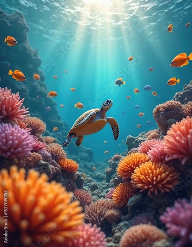 Fototapeta Naklejka Na Ścianę i Meble -  Vibrant underwater world featuring a sea turtle swimming above colorful coral reef. Many tropical fishes in crystal blue water. Marine life, ocean wildlife background.
