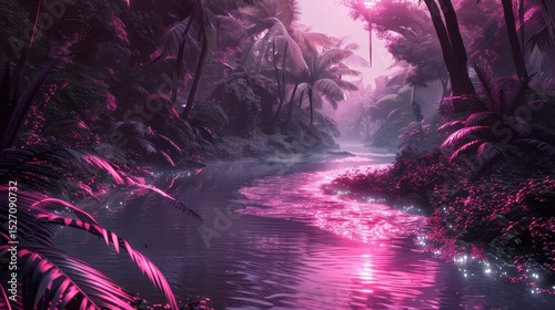 Breathtaking long exposure waterfall hidden in a lush green tropical forest with mossy rocks