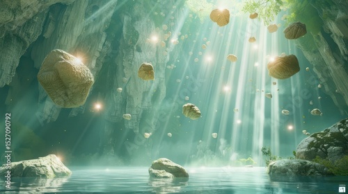Breathtaking long exposure waterfall hidden in a lush green tropical forest with mossy rocks