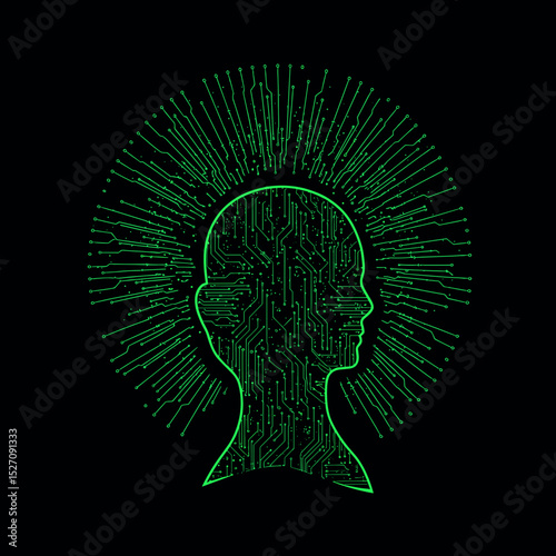 Digital silhouette with circuit patterns and glowing lines background  