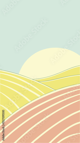 Minimalist landscape illustration featuring rolling hills and sun with artistic pastel colors