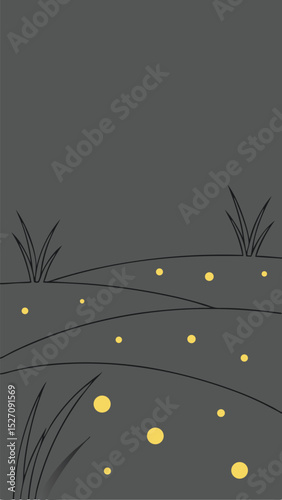 Minimalist night scene illustration featuring glowing fireflies and reeds with transparency