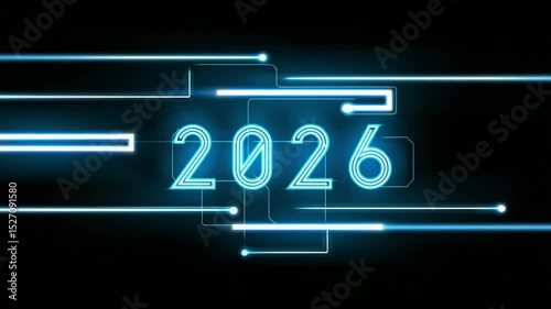Dynamic 2026 glowing blue numbers with digital lines on black background, futuristic technology design for New Year, innovation and cyber style photo