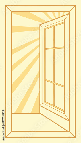 Open window illustration with light rays and architectural design on white background