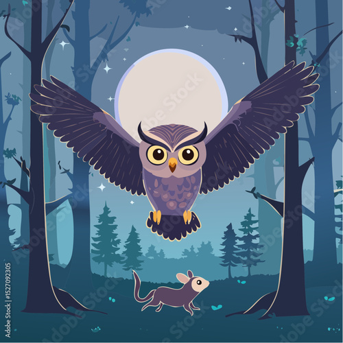 Owl in Flight Through Night Forest – Silent wings gliding, wide eyes, mouse scurrying below.
