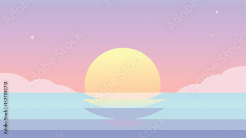 Pastel sunrise over the sea with clouds and stars on a transparent background