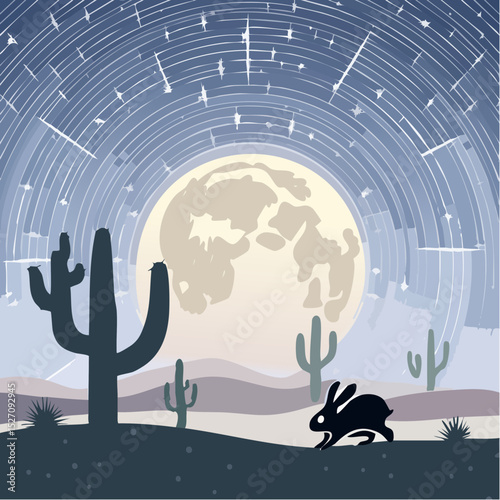 Full Moon Over Desert Dunes – Silhouetted cacti, jackrabbit hopping, star trails behind.
