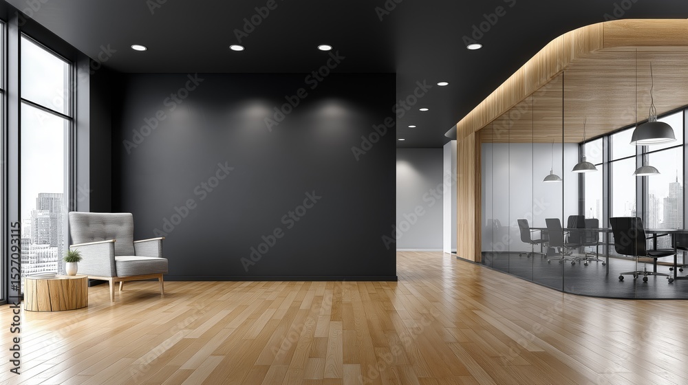 Obraz premium Modern office interior design featuring large windows and wooden accents