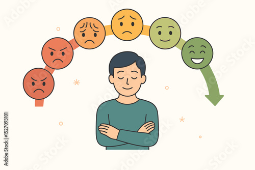 Emotional regulation concept with a man controlling his mood. Spectrum of feelings from angry to happy. Mental health, psychology, and self-awareness vector. Mood scale illustration.