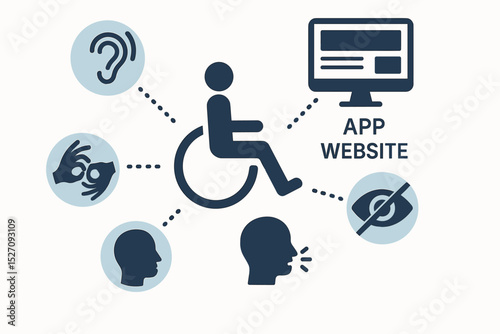 Web accessibility concept vector. Inclusive design for websites and apps for people with disabilities. Icons for hearing, vision, speech, cognitive and mobility impairments. WCAG.