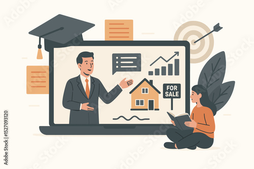 Real estate education concept. Woman studies property investment via online course on laptop. Webinar with realtor teacher explaining house sale, market growth chart, and success.