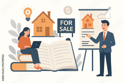 Real estate learning concept. Agent presenting at seminar about property market growth. Woman studies on laptop, learning about investment, mortgage and buying a house for sale.