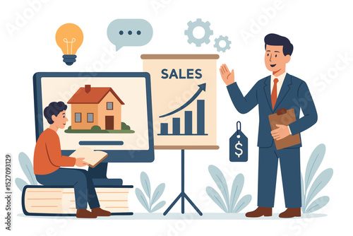 Real estate learning and investment concept. Agent presenting sales growth chart at seminar. Client researching house property on computer. Business coaching, training and finance education.