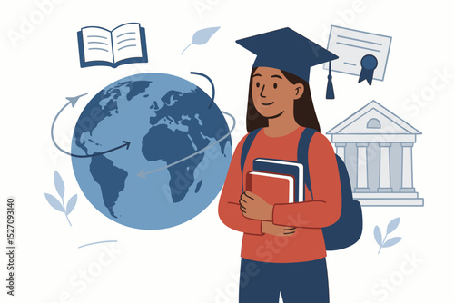 Global education opportunities concept. Female student with graduation cap and books dreaming of studying abroad. International university exchange program, scholarship, and knowledge.