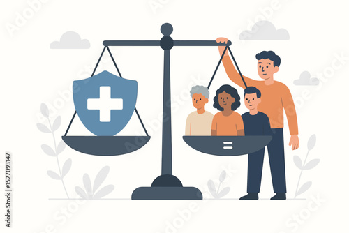 Health equity concept with scales of justice balancing a diverse community and medical care. Social justice in healthcare illustration. Equal access, public health, and insurance for all.