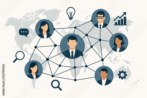 Global business network vector. People connection for teamwork, communication, and corporate collaboration. International social network on world map background with business icons.
