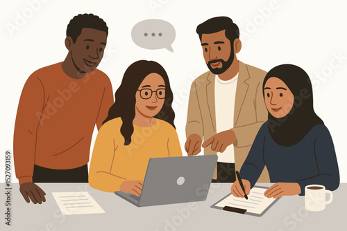 Diverse team collaboration concept. Multicultural business people working together in an office meeting. Colleagues discussing a project on a laptop. Teamwork and inclusion at work.