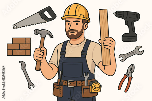 Handyman character illustration. Construction worker and builder with tool set for repair and home improvement. Vector cartoon of a carpenter with hammer, saw, drill and wrench.