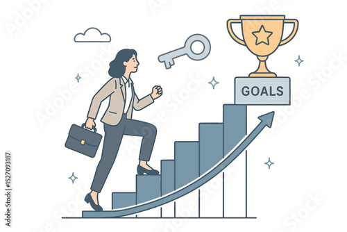 Personal growth journey concept with a businesswoman climbing career ladder stairs. Reaching for a success trophy goal. Motivation, ambition, achievement, and key to success vector.