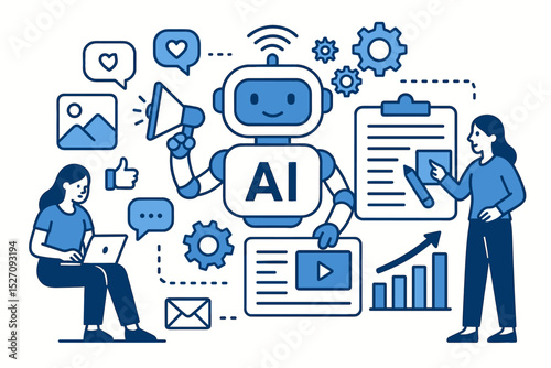 Artificial intelligence in digital marketing. AI robot chatbot automating business workflow, content creation, social media management, and data analysis for company growth.