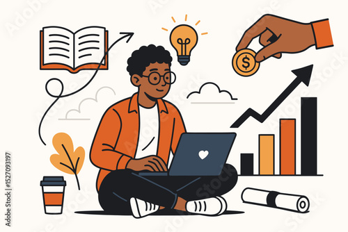 Financial literacy and investment education concept. Young student with laptop learns about money, savings, and stock market growth. Business startup idea, innovation and career planning.