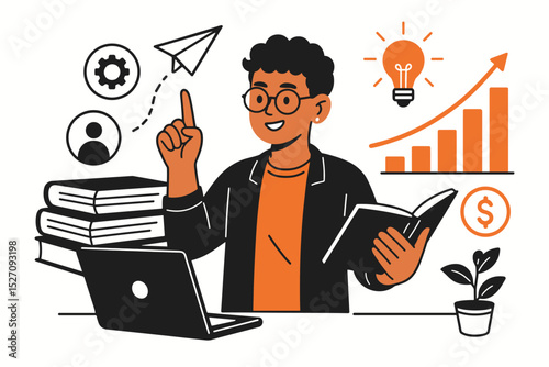 Gen Z innovation and entrepreneurship concept. Young student or professional with creative idea for business startup. Education, investment, and financial growth vector illustration.