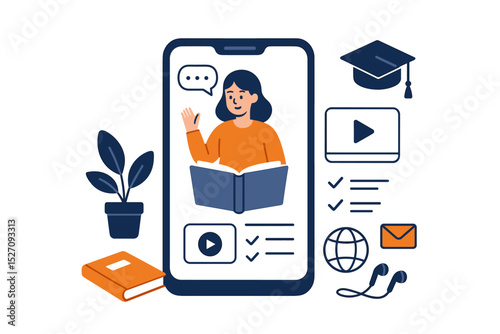 Online education concept. Woman teacher on smartphone screen for a virtual lesson or webinar. E-learning, mobile learning app, distance study. Online course vector illustration.