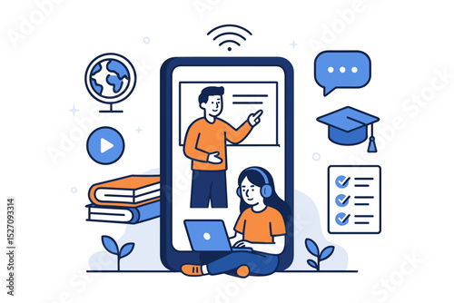 E-learning and online education concept. Student watching a webinar on smartphone with teacher. Mobile learning app for distance education, virtual classroom, online course, knowledge.
