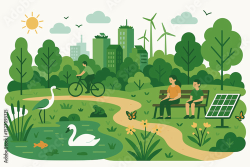 Green city park concept. People enjoy nature in a sustainable urban landscape with wind turbines and a solar panel. Eco-friendly lifestyle and ecology conservation vector illustration.