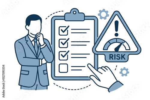 Business risk management vector illustration. Businessman thinking about corporate strategy and project analysis with a checklist. High risk level indicator and warning sign.