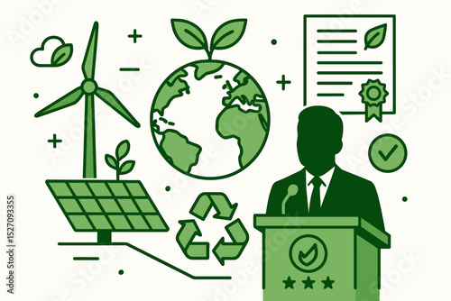 Eco friendly progress concept with a politician speaking about sustainability. Green energy vector illustration with wind turbine, solar panel, planet earth, recycling and ESG certificate.