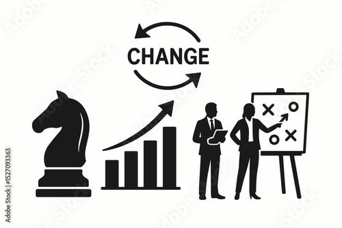 Strategic business planning and change management vector icon collection. Corporate growth chart, teamwork presentation, chess knight for tactical moves. Concept for success.
