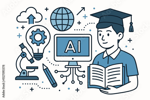 Education innovation with AI concept. Student with graduation cap learning with technology. E-learning, future knowledge, online university, science research, global education.
