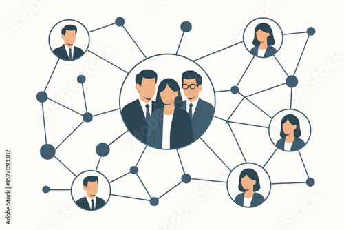 Business network concept with professional people avatars. Corporate team structure, communication, and collaboration. Social networking, teamwork, partnership, and unity vector.
