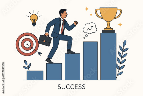 Businessman climbing the career ladder towards a success trophy. Conceptual illustration of progress, development, reaching goals, and strategy with target and idea lightbulb icons.