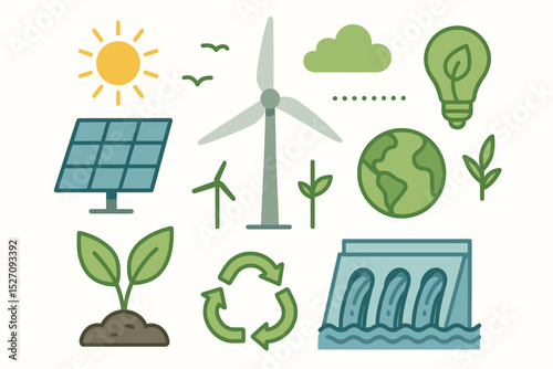 Renewable energy icon set. Green energy concept with solar panel, wind turbine, hydroelectric dam, and recycling symbol. Eco-friendly illustration for sustainability and conservation.