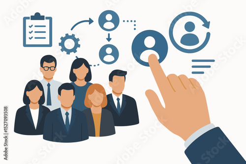 Team management and human resources concept. Hand selecting employee icon from a candidate pool. HR recruitment process, personnel organization, business workflow, and leadership.