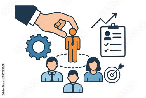 Team management concept with hand choosing employee. Human resources, recruitment, and hiring process. Business leadership for growth, strategy, and achieving goals vector icon set.