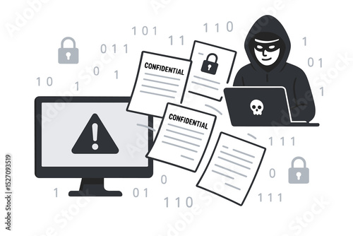 Hacker stealing confidential data from computer. Cybersecurity breach, data theft, and cybercrime concept. Internet security risk, phishing attack, malware, privacy violation.