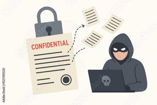 Cybersecurity breach concept. Hacker stealing confidential data. Cybercrime and internet security threat illustration. Data theft, phishing, malware attack. Information privacy violation.