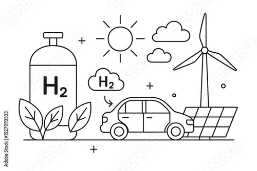Green hydrogen energy concept illustration. Eco friendly car with H2 fuel cell. Renewable power from sun and wind turbine. Sustainable transport and alternative energy vector line art.