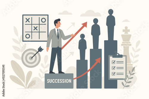 Strategic succession plan concept. Manager shows employee career path on growth chart. HR blueprint for talent management, leadership development, corporate hierarchy and promotion.