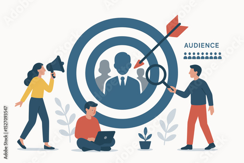 Target audience analysis concept for marketing strategy. Business team researching customer profile with magnifying glass. Market segmentation, advertising, and promotion with target.